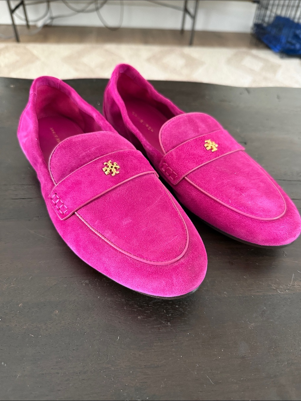 Tory Burch Fuchsia Suede Logo Penny Loafers